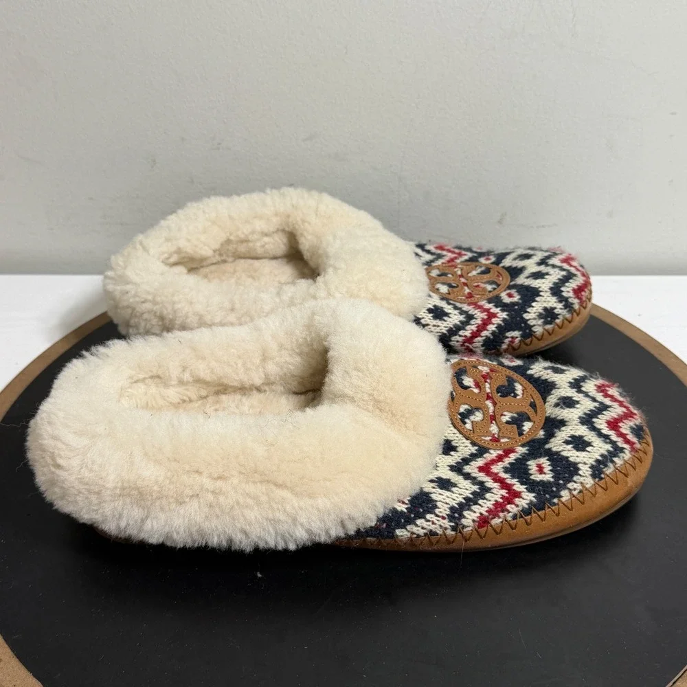 Tory Burch Shearling Slippers Women US 8 Fair Isle Knit Cozy House Shoes Indoors
